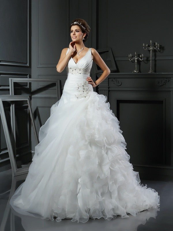 Robe de mariée longue en organza, col en V, volants, sans manches