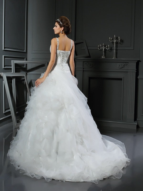 Robe de mariée longue en organza, col en V, volants, sans manches