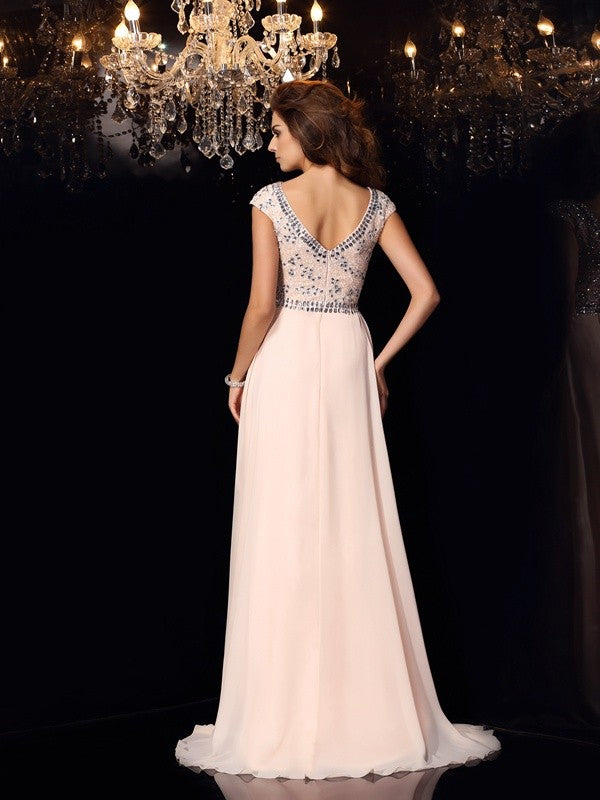 A-Line/Princess Bateau Beading Short Sleeves Long Chiffon Dresses