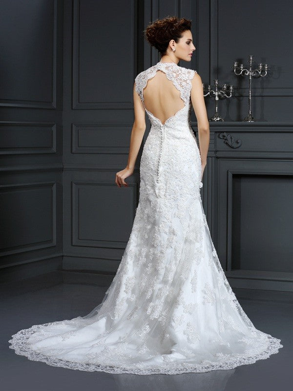 Robe de mariée longue en dentelle, sans manches, col en V, avec perles