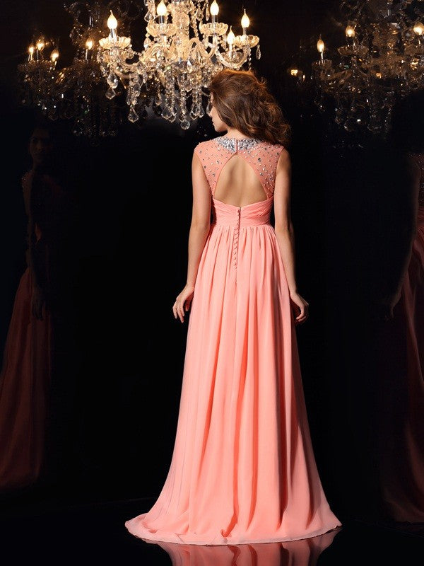 A-Line/Princess Scoop Beading Sleeveless Long Chiffon Dresses