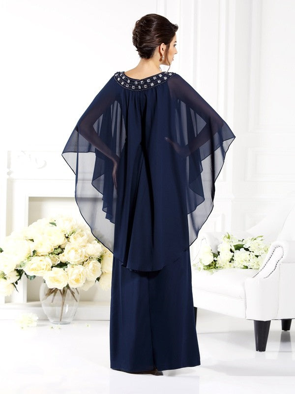 A-Line/Princess Scoop 3/4 Sleeves Long Chiffon Mother of the Bride Dresses