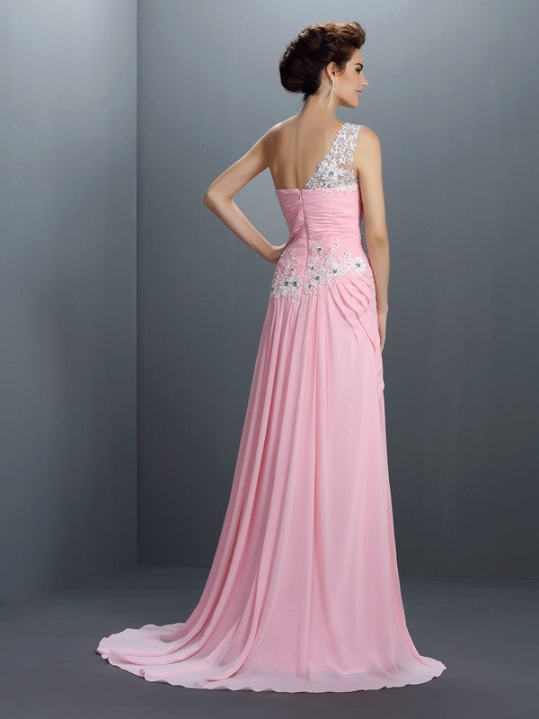 A-Line/Princess One-Shoulder Beading Sleeveless Applique Long Chiffon Dresses