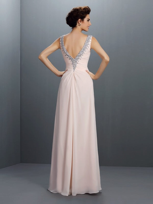 A-Line/Princess V-neck Beading Sleeveless Long Chiffon Dresses