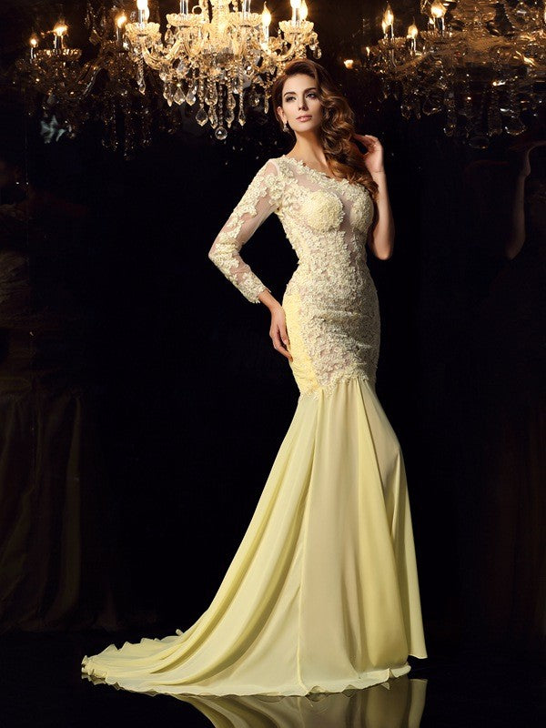 Trompete/Meerjungfrau-Linie One-Shoulder-Träger Applikationen Lange Ärmel Lange Chiffon Kleider