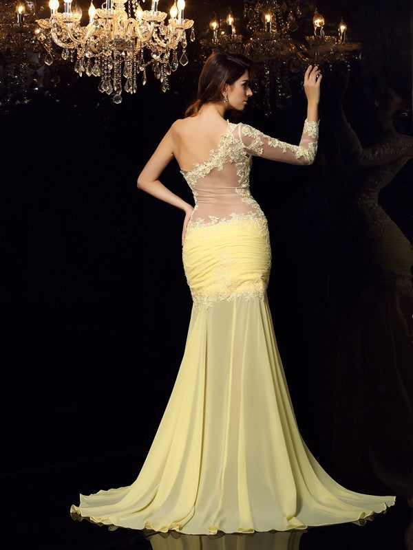 Trompete/Meerjungfrau-Linie One-Shoulder-Träger Applikationen Lange Ärmel Lange Chiffon Kleider