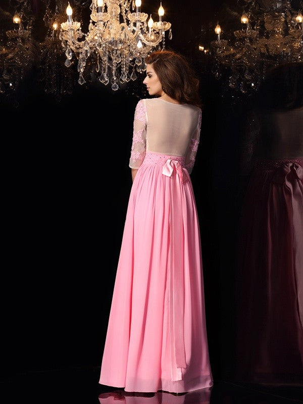 A-Line/Princess Scoop Applique 1/2 Sleeves Long Silk like Satin Dresses
