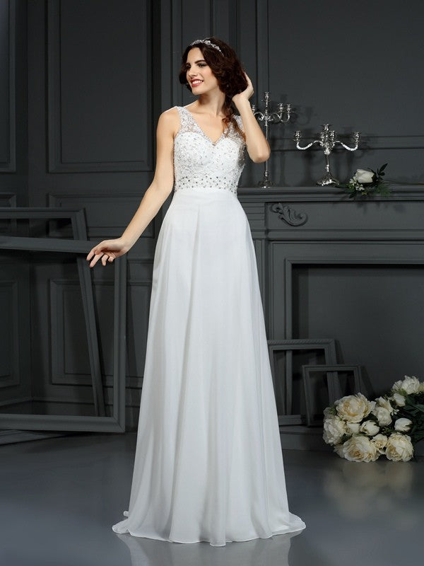 Robe de mariée longue en mousseline de soie, coupe A-line/princesse, col en V, sans manches, en dentelle