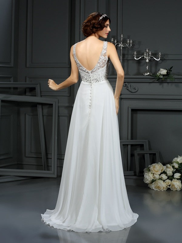 Robe de mariée longue en mousseline de soie, coupe A-line/princesse, col en V, sans manches, en dentelle