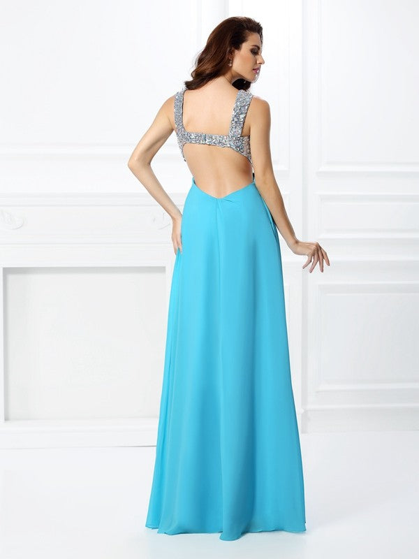 A-Line/Princess Straps Beading Sleeveless Long Chiffon Dresses