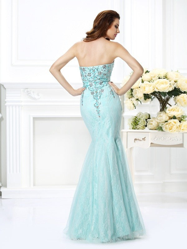 Trumpet/Mermaid Sweetheart Beading Lace Sleeveless Long Net Dresses