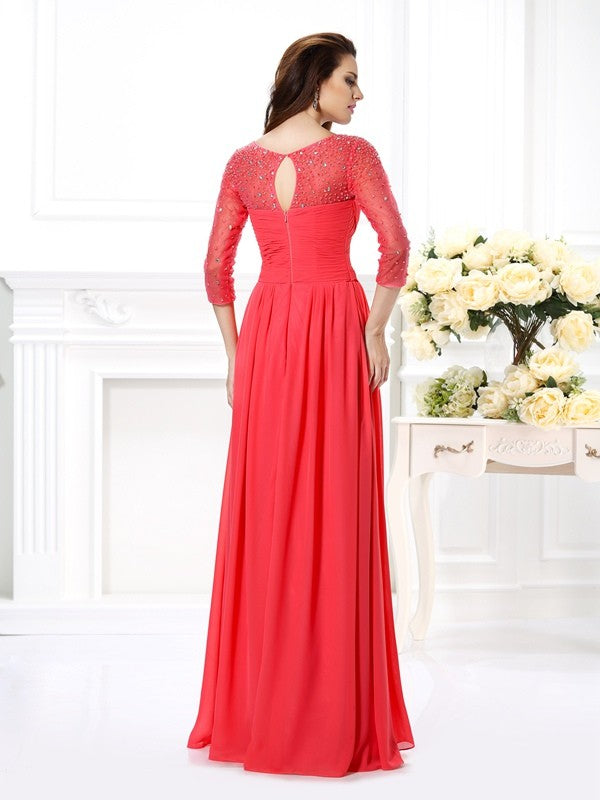 A-Line/Princess Scoop Beading 3/4 Sleeves Long Chiffon Dresses