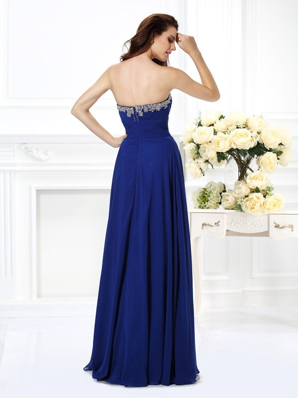 A-Line/Princess Sweetheart Beading Sleeveless Long Chiffon Dresses