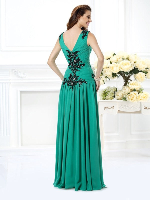A-Line/Princess V-neck Beading Applique Sleeveless Long Chiffon Dresses