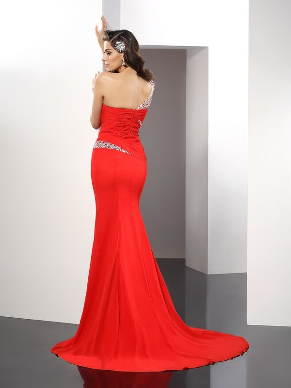 Etui-Linie One-Shoulder-Träger Perlen verziert 3/4 Ärmel Lang Chiffon Kleider