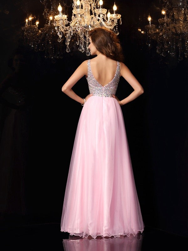 Robe longue en satin tissé, coupe trapèze/princesse, col en V, volants, sans manches