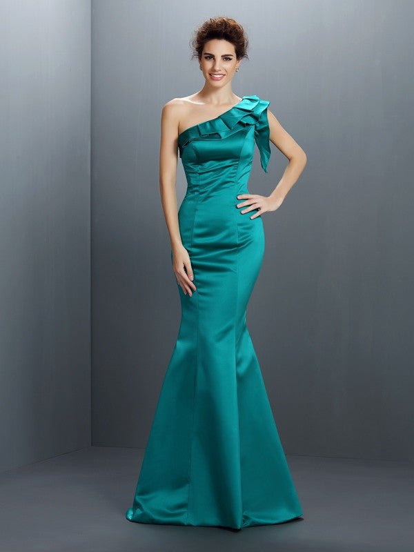 Trompeten-/Meerjungfrauenkleider One-Shoulder-Träger Ärmellos Lange Satin Kleider