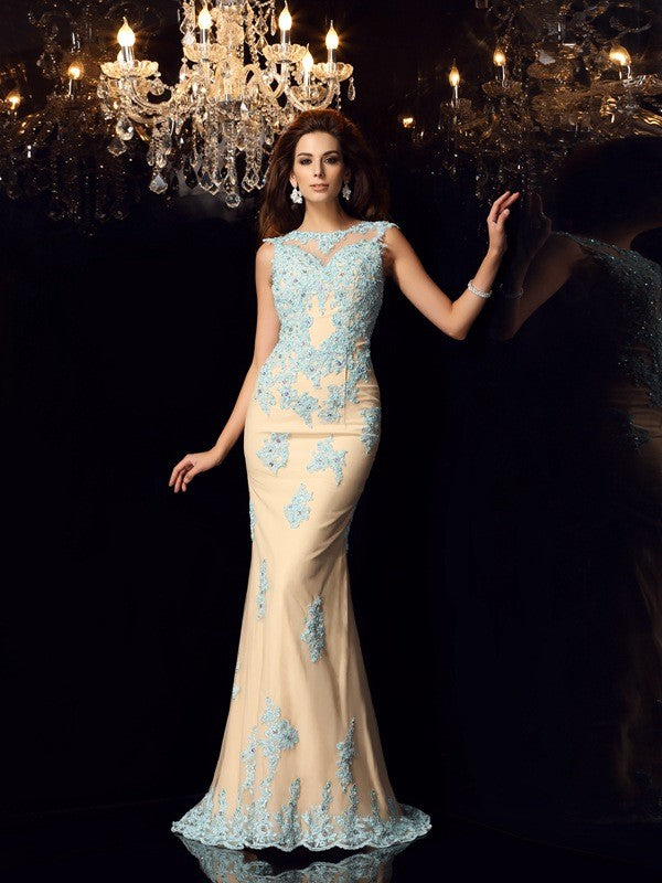 Trompeten-/Meerjungfrauenkleid mit Bateau-Applikation, ärmellos, lang, Satin