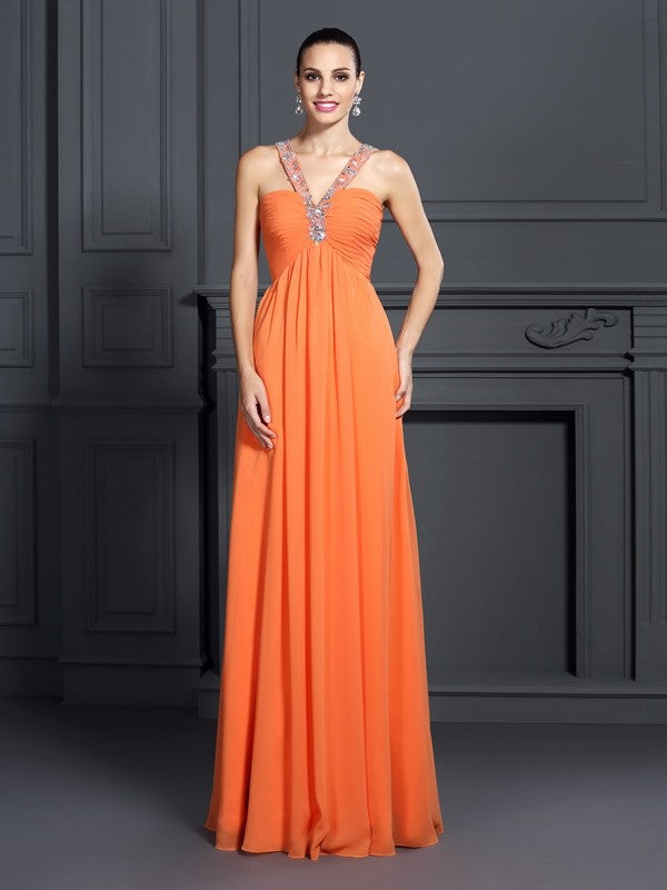 A-Line/Princess Halter Beading Sleeveless Long Chiffon Dresses
