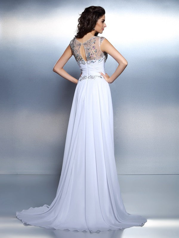 A-Line/Princess Scoop Beading Sleeveless Rhinestone Long Chiffon Dresses