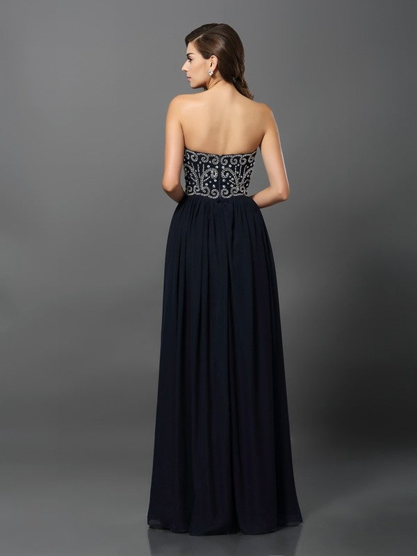 A-Line/Princess Sweetheart Beading Sleeveless Long Chiffon Dresses