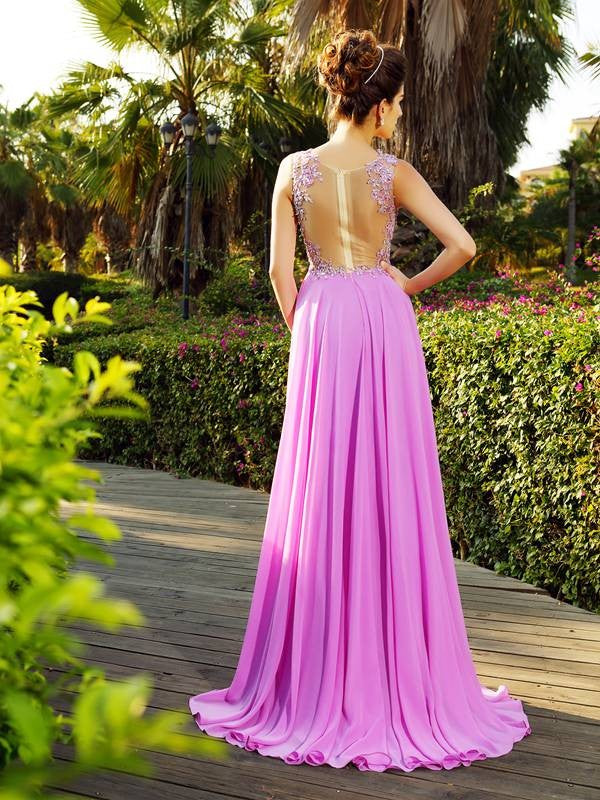 A-Line/Princess Straps Applique Sleeveless Long Chiffon Dresses