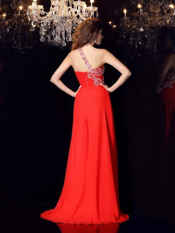 A-Line/Princess One-Shoulder Beading Sleeveless Long Chiffon Dresses
