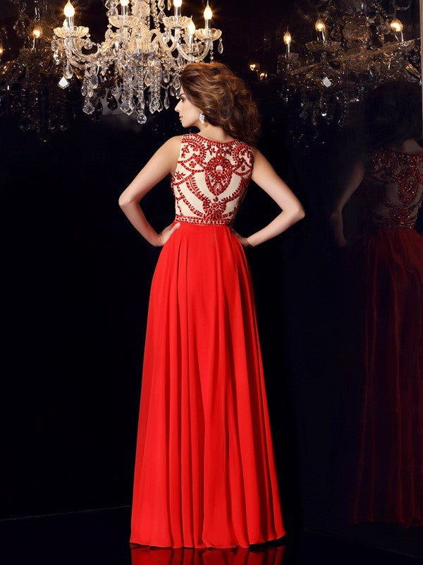 A-Line/Princess Scoop Beading Sleeveless Long Chiffon Dresses