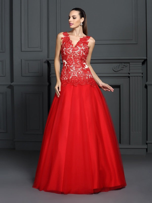 Robe de bal col en V en dentelle sans manches longue en dentelle robes de Quinceanera
