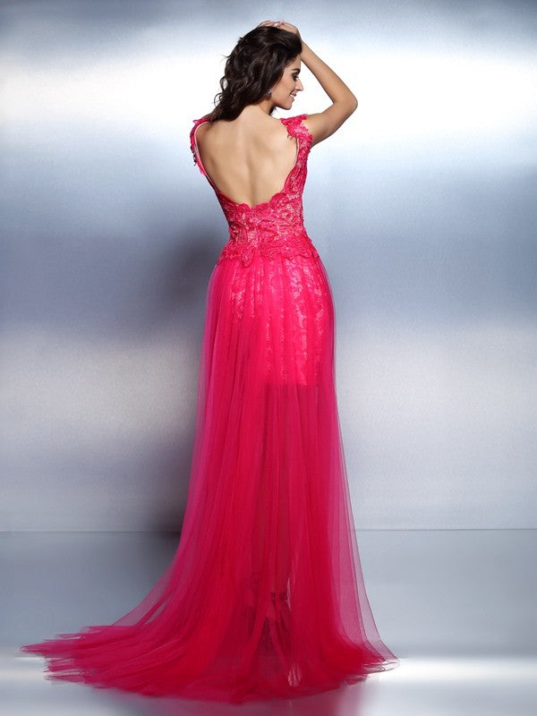 Robe longue en dentelle sans manches, coupe trapèze/princesse, col en V