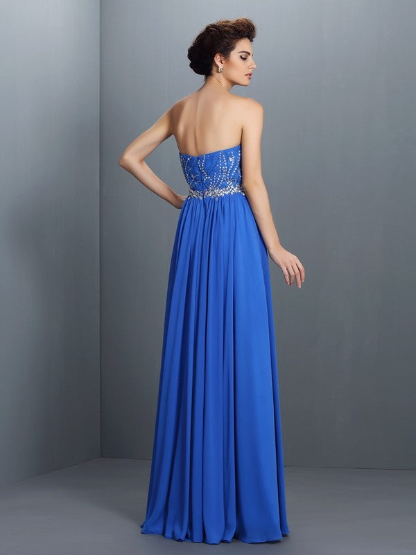 A-Line/Princess Sweetheart Beading Sleeveless Long Chiffon Dresses