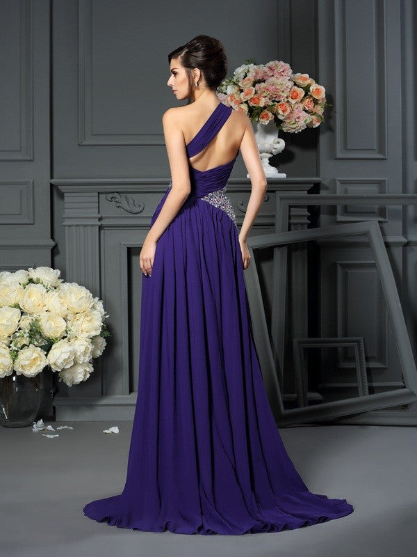 A-Line/Princess One-Shoulder Beading Sleeveless Long Chiffon Dresses