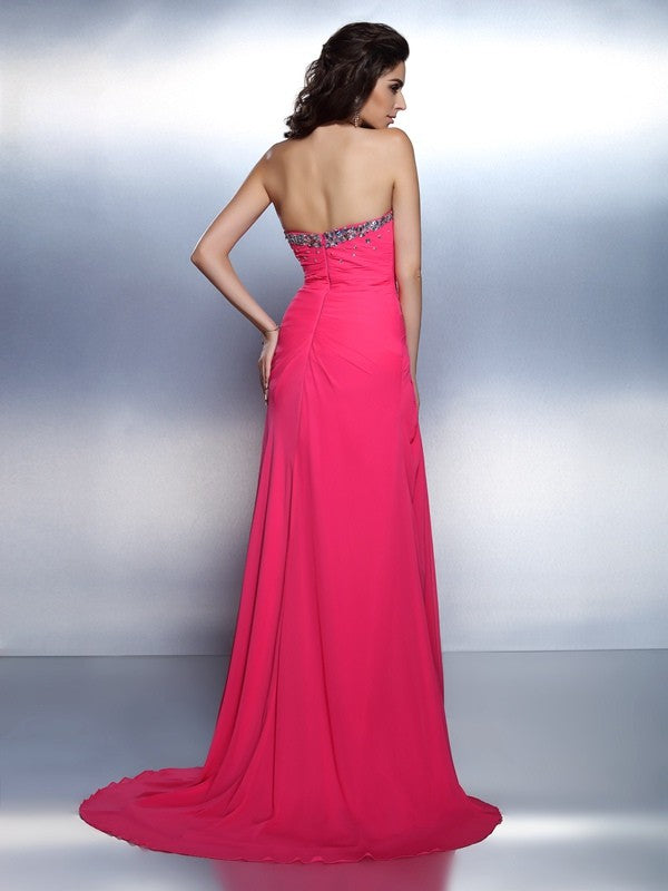 A-Line/Princess Sweetheart Beading Sleeveless Long Chiffon Dresses