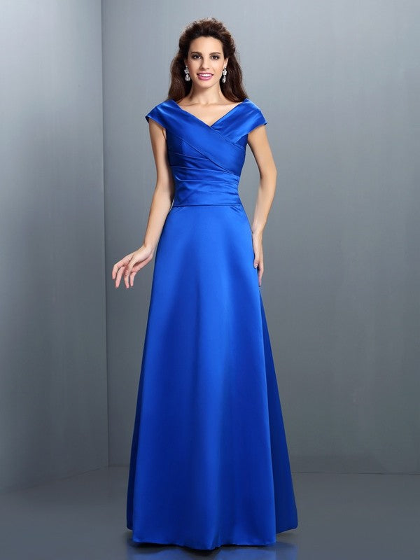 A-Line/Princess V-neck Sleeveless Long Satin Dresses