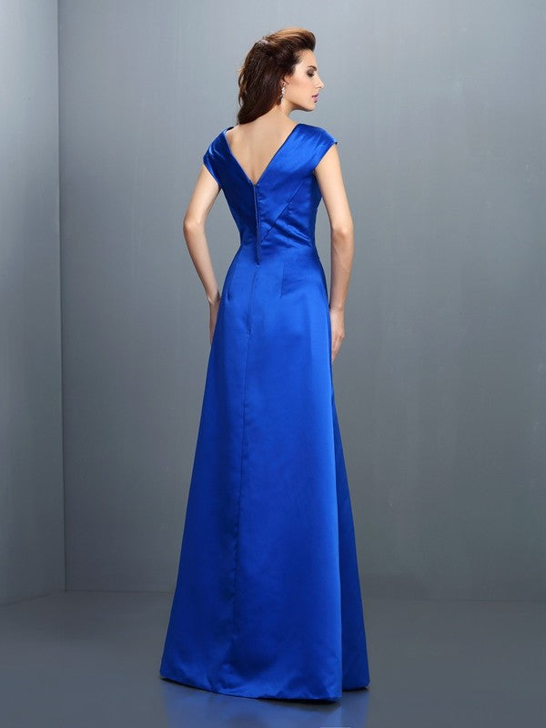 A-Line/Princess V-neck Sleeveless Long Satin Dresses