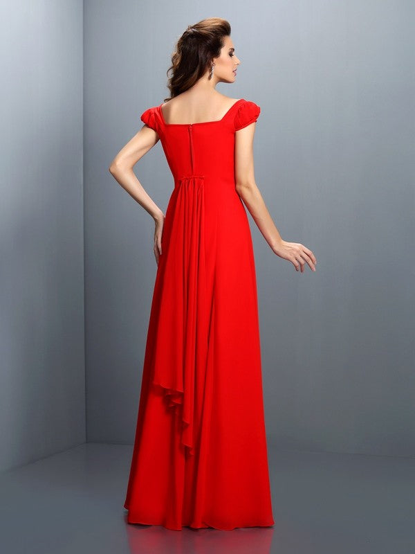 A-Line/Princess Bateau Short Sleeves Long Satin Dresses