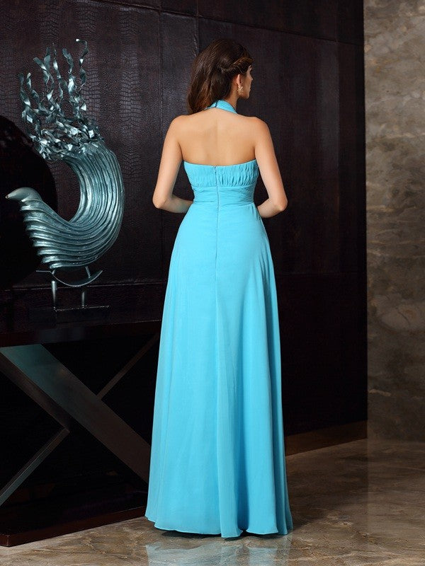 A-Line/Princess Halter Pleats Sleeveless Long Chiffon Dresses