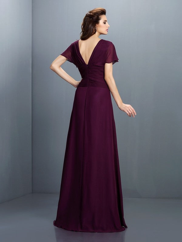 A-Line/Princess V-neck Ruched Short Sleeves Long Chiffon Dresses
