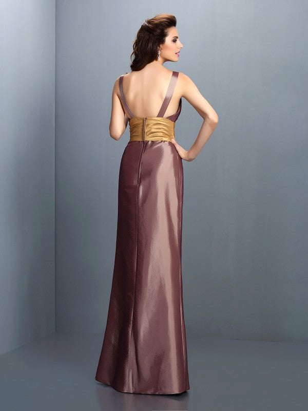 Robe fourreau/colonne à col en V, plissée, sans manches, longue en taffetas