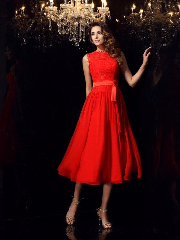 A-Line/Princess High Neck Sash/Ribbon/Belt Sleeveless Short Chiffon Dresses