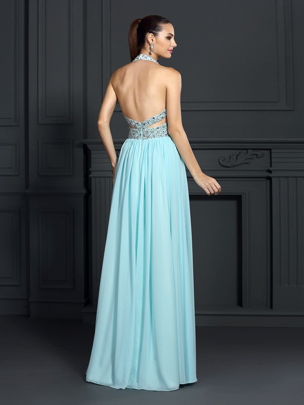 A-Line/Princess Halter Beading Sleeveless Long Chiffon Dresses