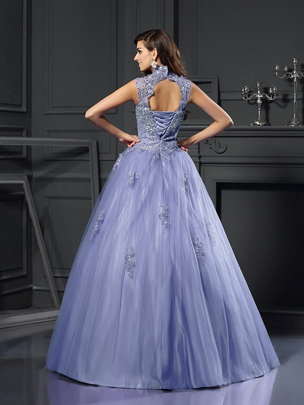 Robe de bal à col haut et perles, sans manches, longue robe de Quinceanera en filet