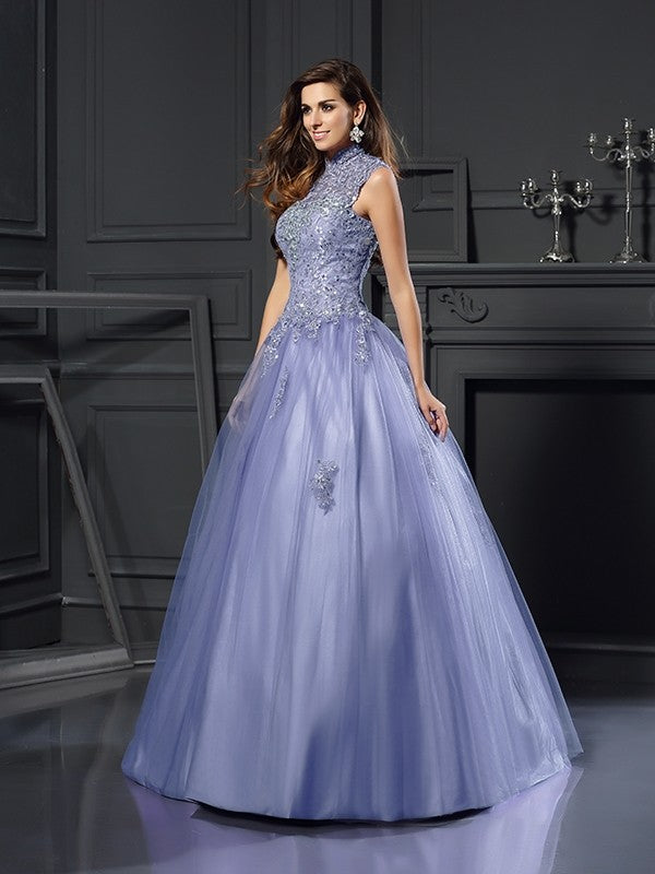 Robe de bal à col haut et perles, sans manches, longue robe de Quinceanera en filet