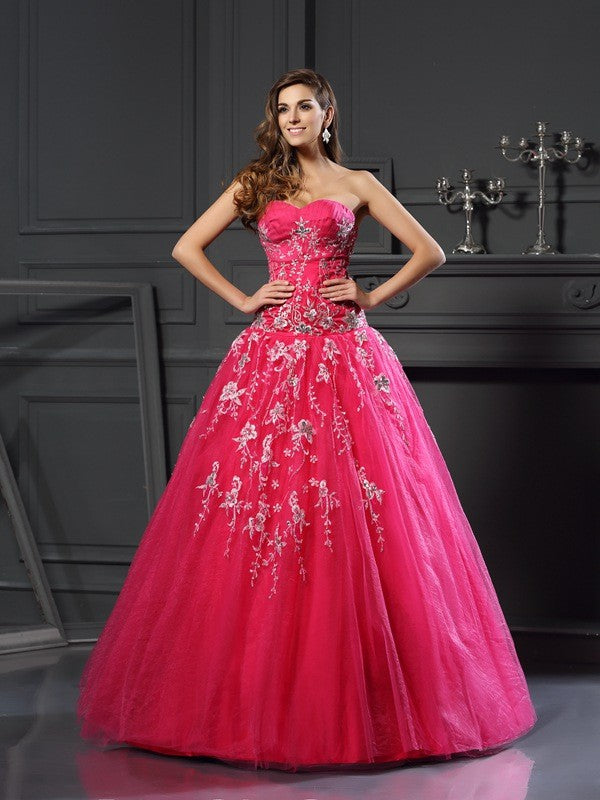 Robe de bal en tulle à col en cœur et appliques, sans manches, longue, robe de Quinceanera