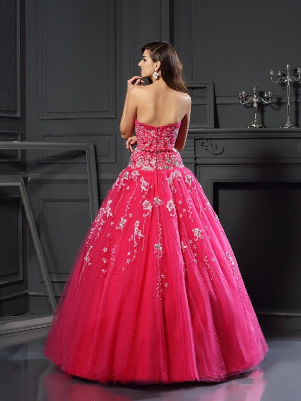 Robe de bal en tulle à col en cœur et appliques, sans manches, longue, robe de Quinceanera