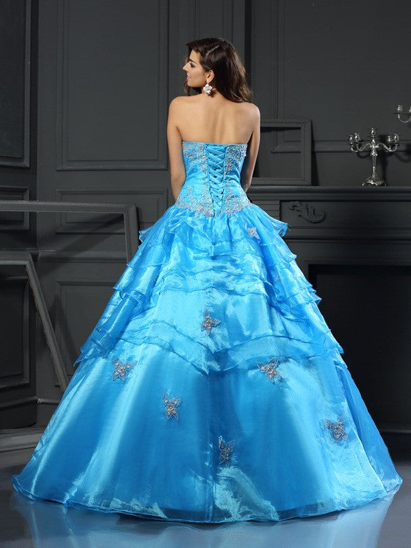 Robe de bal en organza, décolleté en cœur, perles, sans manches, longue, robe de Quinceanera