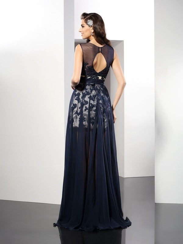 A-Line/Princess Scoop Sleeveless Long  Woven Satin Dresses