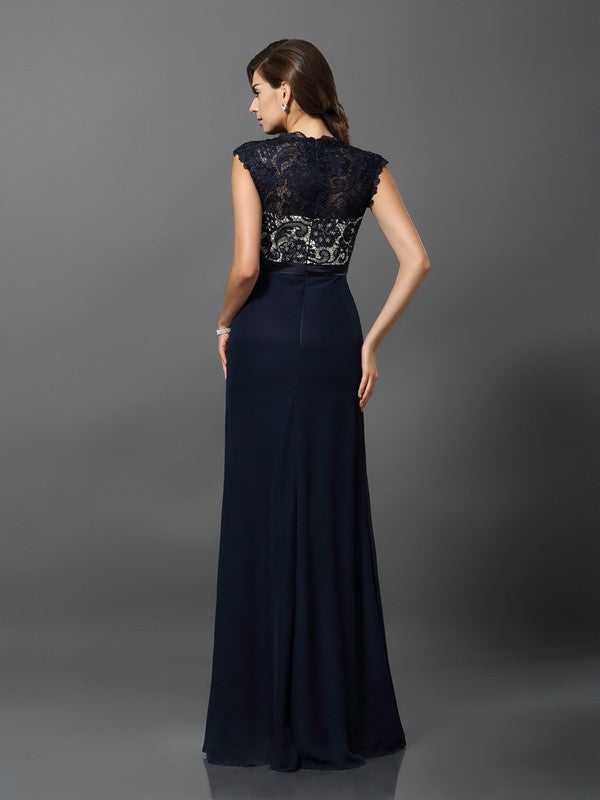 Sheath/Column Jewel Short Sleeves Long Chiffon Dresses