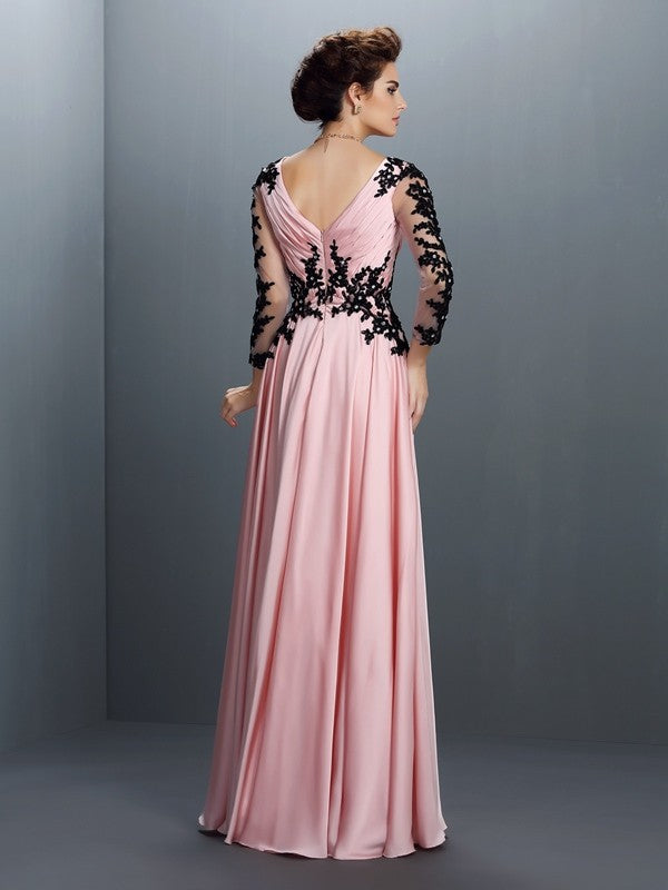 A-Line/Princess V-neck Applique 3/4 Sleeves Long Chiffon Dresses