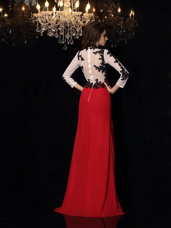 Sheath/Column High Neck Applique Sleeveless Long Chiffon Dresses